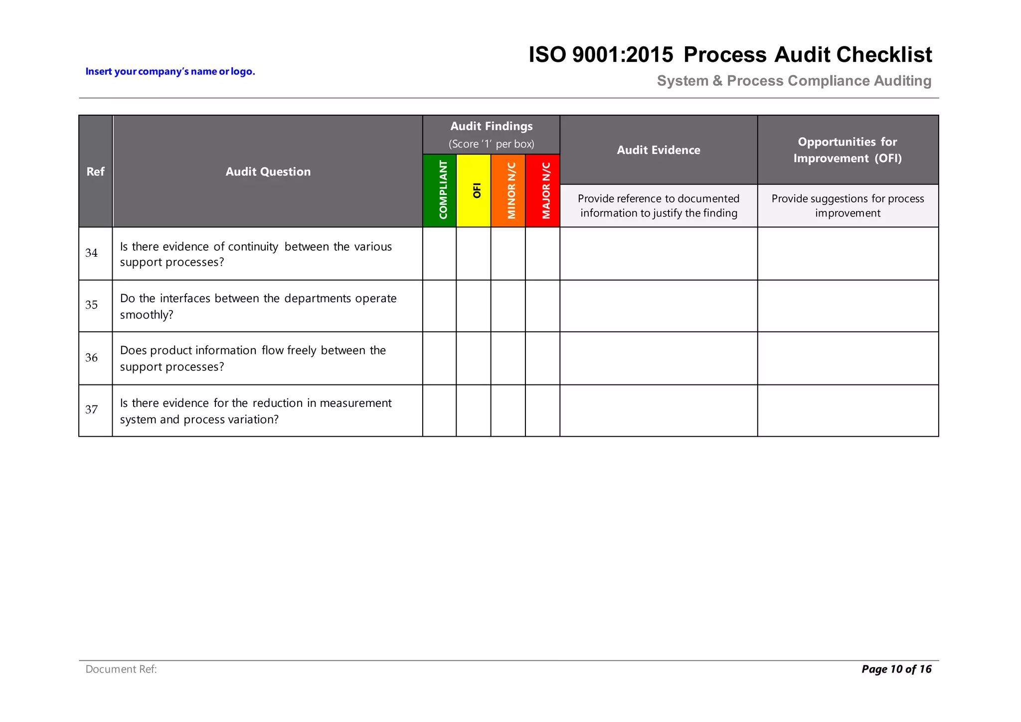 Insert yourcompany’s name orlogo.
ISO 9001:2015 Process Audit Checklist
System & Process Compliance Auditing
Document Ref: Page 10 of 16
Ref Audit Question
Audit Findings
(Score ‘1’ per box)
Audit Evidence
Opportunities for
Improvement (OFI)
COMPLIANT
OFI
MINOR
N/C
MAJOR
N/C
Provide reference to documented
information to justify the finding
Provide suggestions for process
improvement
34
Is there evidence of continuity between the various
support processes?
35
Do the interfaces between the departments operate
smoothly?
36
Does product information flow freely between the
support processes?
37
Is there evidence for the reduction in measurement
system and process variation?
 