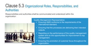 Clause 5.3 Organizational Roles, Responsibilities, and
Authorities
Responsibilities and authorities shall be communicated and understood within the
organization:
Quality Management Representative
 Ensuring QMS conforms to the requirements of the
international standard.
 Ensuring that the processes are delivering their intended
outputs.
 Reporting on the performance of the quality management
system and on the opportunities for improvement to top
management.
 Ensuring the promotion of customer focus throughout the
organization.
 