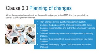 Clause 6.3 Planning of changes
When the organization determines the need for changes to the QMS, the changes shall be
carried out in a planned manner.
• Plan changes to your quality management system.
• Consider the purpose of the changes you intend to make.
• Consider responsibilities and authorities whenever you make
changes.
• Consider the consequences that changes could potentially
produce.
• Consider the availability of resources whenever you make
changes.
• Consider the integrity of your QMS whenever you make
changes.
 