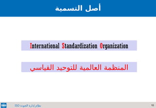 10
‫الجودة‬ ‫إدارة‬ ‫نظام‬
ISO
‫التسمية‬ ‫أصل‬
International Standardization Organization
‫القياسي‬ ‫للتوحيد‬ ‫العالمية‬ ‫المنظمة‬
 
