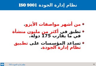 12
‫الجودة‬ ‫إدارة‬ ‫نظام‬
ISO
‫األيزو‬ ‫مواصفات‬ ‫أشهر‬ ‫من‬
.
‫في‬ ‫تطبق‬
‫منشأة‬ ‫مليون‬ ‫من‬ ‫أكثر‬
‫يقارب‬ ‫ما‬ ‫في‬
175
.‫دولة‬
‫ى‬A
‫عل‬ ‫سات‬A
‫المؤس‬ ‫اعد‬A
‫تس‬
‫بيق‬A
‫تط‬
‫الجودة‬ ‫إدارة‬ ‫نظام‬
.
‫الجودة‬ ‫إدارة‬ ‫نظام‬
‫الجودة‬ ‫إدارة‬ ‫نظام‬
ISO 9001
 