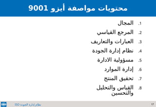 17
‫الجودة‬ ‫إدارة‬ ‫نظام‬
ISO
.1
‫المجال‬
.2
‫القياسي‬ ‫المرجع‬
.3
‫و‬ ‫العبارات‬
‫التعاريف‬
.4
‫نظام‬
‫إدارة‬
‫الجودة‬
.5
‫مسؤولية‬
‫االدارة‬
.6
‫الموارد‬ ‫إدارة‬
.7
‫تحقيق‬
‫المنتج‬
.8
‫والتحليل‬ ‫القياس‬
‫والتحسين‬
‫محتويات‬
‫م‬
‫واصفة‬
‫أيزو‬
9001
 