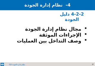 27
‫الجودة‬ ‫إدارة‬ ‫نظام‬
ISO
4
‫نظام‬ -
‫إدارة‬
‫الجودة‬
4-2-2
‫دليل‬
‫الجودة‬

‫الجودة‬ ‫إدارة‬ ‫نظام‬ ‫مجال‬

‫الموثقة‬ ‫اإلجراءات‬

‫العمليات‬ ‫بين‬ ‫التداخل‬ ‫وصف‬
 