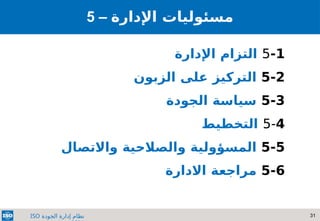 31
‫الجودة‬ ‫إدارة‬ ‫نظام‬
ISO
5 – ‫اإلدارة‬ ‫مسئوليات‬
5-1
‫اإلدارة‬ ‫التزام‬
5-2
‫التركيز‬
‫الزبون‬ ‫على‬
5-3
‫الجودة‬ ‫سياسة‬
5-4
‫التخطيط‬
5-5
‫المسؤولية‬
‫و‬
‫الصالحية‬
‫واالتصال‬
5-6
‫مراجع‬
‫ة‬
‫االدارة‬
 