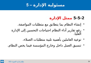 39
‫الجودة‬ ‫إدارة‬ ‫نظام‬
ISO
5-5-2
‫اإلدارة‬ ‫ممثل‬

‫المواصفة‬ ‫متطلبات‬ ‫مع‬ ‫يتطابق‬ ‫بما‬ ‫النظام‬ ‫إنشاء‬
.

‫رفع‬
‫النظام‬ ‫أداء‬ ‫تقارير‬
‫احتياجات‬
‫التحسين‬
‫إلى‬
‫اإلدارة‬
.‫العليا‬

‫العمالء‬ ‫متطلبات‬ ‫تلبية‬ ‫بأهمية‬ ‫العاملين‬ ‫توعية‬
.

.‫النظام‬ ‫يخص‬ ‫فيما‬ ‫المؤسسة‬ ‫وخارج‬ ‫داخل‬ ‫العمل‬ ‫تنسيق‬
5 – ‫مسئولي‬
‫ة‬
‫اإلدارة‬
 
