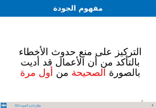 5
‫الجودة‬ ‫إدارة‬ ‫نظام‬
ISO
5
‫مفهوم‬
‫الجودة‬
‫التركيز‬
‫على‬
‫األخطاء‬ ‫حدوث‬ ‫منع‬
‫أديت‬ ‫قد‬ ‫األعمال‬ ‫أن‬ ‫من‬ ‫بالتأكد‬
‫بالصورة‬
‫الصحيحة‬
‫من‬
‫مرة‬ ‫أول‬
 
