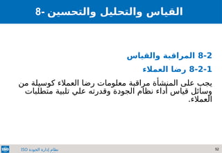 52
‫الجودة‬ ‫إدارة‬ ‫نظام‬
ISO
8- ‫والتحسين‬ ‫والتحليل‬ ‫القياس‬
8-2
‫والقياس‬ ‫المراقبة‬
8-2-1
‫العمالء‬ ‫رضا‬
‫مراقبة‬ ‫المنشأة‬ ‫على‬ ‫يجب‬
‫من‬ ‫كوسيلة‬ ‫العمالء‬ ‫رضا‬ ‫معلومات‬
‫مت‬ ‫تلبية‬ ‫علي‬ ‫وقدرته‬ ‫الجودة‬ ‫نظام‬ ‫أداء‬ ‫قياس‬ ‫وسائل‬
‫ط‬
‫لبات‬
.‫العمالء‬
 