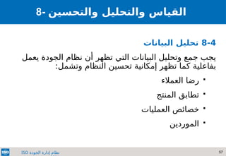 57
‫الجودة‬ ‫إدارة‬ ‫نظام‬
ISO
8- ‫والتحسين‬ ‫والتحليل‬ ‫القياس‬
8-4
‫البيانات‬ ‫تحليل‬
‫يعمل‬ ‫الجودة‬ ‫نظام‬ ‫أن‬ ‫تظهر‬ ‫التي‬ ‫البيانات‬ ‫وتحليل‬ ‫جمع‬ ‫يجب‬
:‫وتشمل‬ ‫النظام‬ ‫تحسين‬ ‫إمكانية‬ ‫تظهر‬ ‫كما‬ ‫بفاعلية‬

‫العمالء‬ ‫رضا‬

‫المنتج‬ ‫تطابق‬

‫العمليات‬ ‫خصائص‬

‫الموردين‬
 