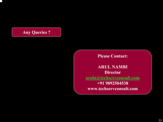Process workshop




Any Queries ?




                     Please Contact:

                     ARUL NAMBI
                        Director
                aruln@techservconsult.com
                     +91 9892504538
                 www.techservconsult.com




                                                       33
 