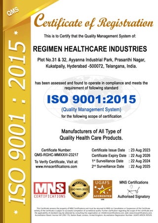Regimen Healthcare Industries' ISO 9001:2015 Quality Management System