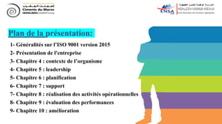 RIGHT
Plan de la présentation:
1- Généralités sur l’ISO 9001 version 2015
2- Présentation de l'entreprise
3- Chapitre 4 : contexte de l’organisme
4- Chapitre 5 : leadership
5- Chapitre 6 : planification
6- Chapitre 7 : support
7- Chapitre 8 : réalisation des activités opérationnelles
8- Chapitre 9 : évaluation des performances
9- Chapitre 10 : amélioration
 