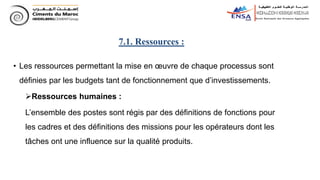• Les ressources permettant la mise en œuvre de chaque processus sont
définies par les budgets tant de fonctionnement que d’investissements.
Ressources humaines :
L’ensemble des postes sont régis par des définitions de fonctions pour
les cadres et des définitions des missions pour les opérateurs dont les
tâches ont une influence sur la qualité produits.
7.1. Ressources :
 