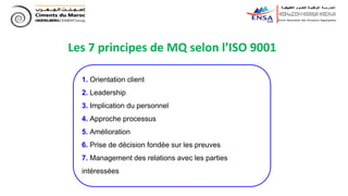 Les 7 principes de MQ selon l’ISO 9001
1. Orientation client
2. Leadership
3. Implication du personnel
4. Approche processus
5. Amélioration
6. Prise de décision fondée sur les preuves
7. Management des relations avec les parties
intéressées
 