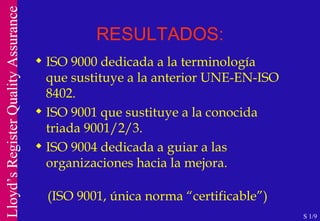 RESULTADOS: ISO 9000 dedicada a la terminología que sustituye a la anterior UNE-EN-ISO 8402. ISO 9001 que sustituye a la conocida triada 9001/2/3. ISO 9004 dedicada a guiar a las organizaciones hacia la mejora. (ISO 9001, única norma “certificable”) S 1/9 