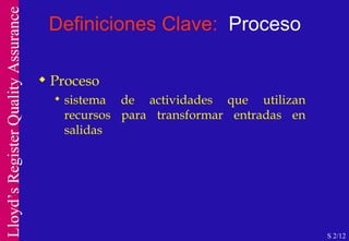Definiciones Clave:  Proceso Proceso sistema de actividades que utilizan recursos para transformar entradas en salidas S 2/12 