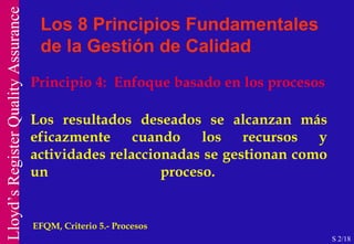 Principio 4:  Enfoque basado en los procesos Los resultados deseados se alcanzan más eficazmente cuando los recursos y actividades relaccionadas se gestionan como un proceso.  EFQM, Criterio 5.- Procesos  Los 8 Principios Fundamentales de la Gestión de Calidad S 2/18 
