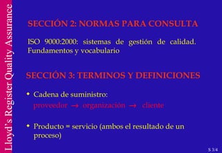 Cadena de suministro: proveedor     organización     cliente Producto = servicio (ambos el resultado de un proceso) SECCIÓN 3: TERMINOS Y DEFINICIONES SECCIÓN 2: NORMAS PARA CONSULTA ISO 9000:2000: sistemas de gestión de calidad. Fundamentos y vocabulario S 3/4 