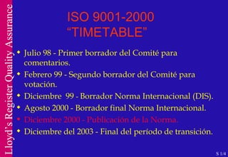 ISO 9001-2000 “TIMETABLE” Julio 98 - Primer borrador del Comité para comentarios. Febrero 99 - Segundo borrador del Comité para votación. Diciembre  99  -  Borrador Norma Internacional (DIS). Agosto 2000 - Borrador final Norma Internacional. Diciembre 2000 - Publicación de la Norma. Diciembre del 2003 - Final del período de transición.  S 1/4 
