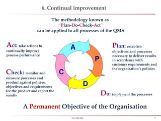 18ISO 9001:2008
6. Continual improvement
A Permanent Objective of the Organisation
Plan: establish
objectives and processes
necessary to deliver results
in accordance with
customer requirements and
the organisation’s policies
Check: monitor and
measure processes and
product against policies,
objectives and requirements
for the product and report the
results
Act: take actions to
continually improve
process performance
Do: implement the processes
The methodology known as
“Plan-Do-Check-Act”
can be applied to all processes of the QMS
 