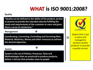 WHAT is ISO 9001:2008?
“Quality can be defined as the ability of the product, service
or process to provide the intended value by fulfilling the
needs and requirements of the customer or users and gives
them a sense of satisfaction.”
Coordinating, Connecting, Controlling and Correcting Man,
Material, Machines, Money and other resources to achieve
the desired objectives.
System is the set of Policies, Processes, Tools and
Methodologies that are practiced to produce products,
deliver a Service that provides value to people
System that is put
in place and
managed to
produce quality
products or provide
a quality service.
Quality
Management
System
+
+
=
 