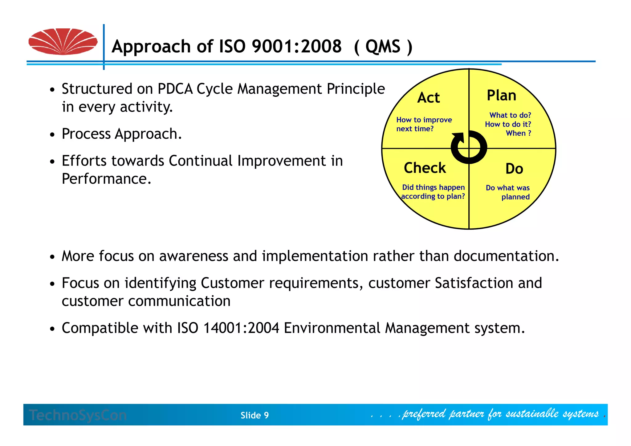 Approach of ISO 9001:2008 ( QMS )

  • Structured on PDCA Cycle Management Principle                          Plan
                                                          Act
    in every activity.                                                      What to do?
                                                     How to improve
                                                                           How to d it?
                                                                           H   t do
                                                     next time?
  • Process Approach.                                                           When ?


  • Efforts towards Continual Improvement in           Check                    Do
    Performance.                                      Did things happen    Do what was
                                                      according to plan?       planned




  • More focus on awareness and implementation rather than documentation.
  • Focus on identifying Customer requirements, customer Satisfaction and
    customer communication
  •C
   Compatible with ISO 14001:2004 E i
        tibl   ith     14001 2004 Environmental M
                                            t l Management system.
                                                         t    t




TechnoSysCon                 Slide 9            . . . .preferred partner for sustainable systems .
 