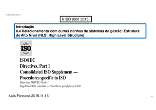 26
A ISO 9001:2015
Luis Fonseca.2015.11.16
A ISO 9001:2015
Introdução
0.4 Relacionamento com outras normas de sistemas de gestão: Estrutura
de Alto Nível (HLS: High Level Structure)
ISO/IEC
Directives, Part 1
Consolidated ISO Supplement —
Procedures specific to ISO
Directives ISO/CEI, Partie 1
Supplément ISO consolidé — Procédures spécifiques à l’ISO
 