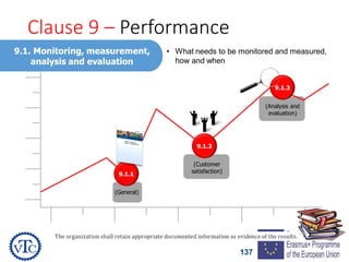 137
Clause 9 – Performance
evaluation9.1. Monitoring, measurement,
analysis and evaluation
9.1.1
9.1.2
9.1.3
(General)
(Customer
satisfaction)
(Analysis and
evaluation)
• What needs to be monitored and measured,
how and when
 