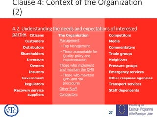 27
Clause 4: Context of the Organization
(2)
4.2. Understanding the needs and expectations of interested
parties Citizens
Customers
Distributors
Shareholders
Investors
Owners
Insurers
Government
Regulators
Recovery service
suppliers
The Organization
Management
• Top Management
• Those accountable for
Quality policy and
implementation
Those who implement
and maintain the QMS
• Those who maintain
QMS and risk
procedures
Other Staff
Contractors
Competitors
Media
Commentators
Trade groups
Neighbors
Pressure groups
Emergency services
Other response agencies
Transport services
Staff dependents
 