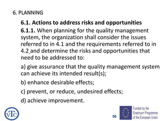 56
6. PLANNING
6.1. Actions to address risks and opportunities
6.1.1. When planning for the quality management
system, the organization shall consider the issues
referred to in 4.1 and the requirements referred to in
4.2 and determine the risks and opportunities that
need to be addressed to:
a) give assurance that the quality management system
can achieve its intended result(s);
b) enhance desirable effects;
c) prevent, or reduce, undesired effects;
d) achieve improvement.
 
