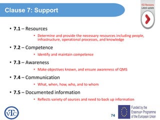 74
• 7.1 – Resources
• Determine and provide the necessary resources including people,
infrastructure, operational processes, and knowledge
• 7.2 – Competence
• Identify and maintain competence
• 7.3 – Awareness
• Make objectives known, and ensure awareness of QMS
• 7.4 – Communication
• What, when, how, who, and to whom
• 7.5 – Documented information
• Reflects variety of sources and need to back up information
Clause 7: Support
 