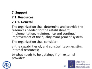 75
7. Support
7.1. Resources
7.1.1. General
The organization shall determine and provide the
resources needed for the establishment,
implementation, maintenance and continual
improvement of the quality management system.
The organization shall consider:
a) the capabilities of, and constraints on, existing
internal resources;
b) what needs to be obtained from external
providers.
 