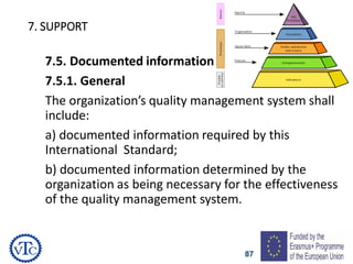 87
7. SUPPORT
7.5. Documented information
7.5.1. General
The organization’s quality management system shall
include:
a) documented information required by this
International Standard;
b) documented information determined by the
organization as being necessary for the effectiveness
of the quality management system.
 