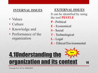 4.1Understanding the
organization and its context
INTERNAL ISSUES
• Values
• Culture
• Knowledge and
• Performance of the
organization
EXTERNAL ISSUES
It can be identified by using
the tool PESTLE
P - Political
E - Economical
S - Social
T - Technological
L - Legal
E – Ethical/Environmental
New
14
Prasenjit Puri, Ph No. 8906636953
 
