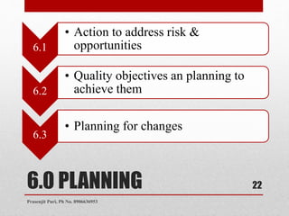 6.0 PLANNING
6.1
• Action to address risk &
opportunities
6.2
• Quality objectives an planning to
achieve them
6.3
• Planning for changes
22
Prasenjit Puri, Ph No. 8906636953
 
