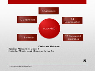 PLANNING
7.3 Awareness
7.4
Communication
7.5 Documented
Information
7.2 Competence
7.1 Resources
Earlier the Title was:
•Resource Management Clause-6
•Control of Monitoring & Measuring Device 7.6
27
Prasenjit Puri, Ph No. 8906636953
 