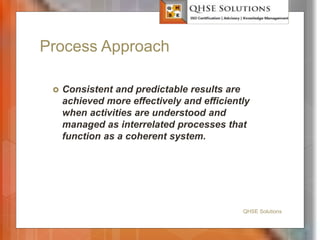Process Approach
 Consistent and predictable results are
achieved more effectively and efficiently
when activities are understood and
managed as interrelated processes that
function as a coherent system.
QHSE Solutions
 