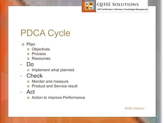 PDCA Cycle
 Plan
 Objectives
 Process
 Resources
• Do
 Implement what planned
• Check
 Monitor and measure
 Product and Service result
• Act
 Action to improve Performance
QHSE Solutions
 