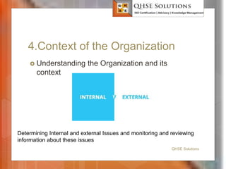 4.Context of the Organization
 Understanding the Organization and its
context
QHSE Solutions
Determining Internal and external Issues and monitoring and reviewing
information about these issues
 