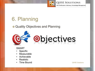 6. Planning
 Quality Objectives and Planning
QHSE Solutions
SMART
• Specific
• Measurable
• Achievable
• Realistic
• Time Bound
 