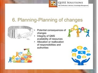 6. Planning-Planning of changes
QHSE Solutions
• Potential consequences of
changes
• Integrity of QMS
availability of resources
• Allocation or reallocation
of responsibilities and
authorities
 