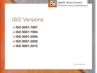 ISO Versions
 ISO 9001:1987
 ISO 9001:1994
 ISO 9001:2000
 ISO 9001:2008
 ISO 9001:2015
QHSE Solutions
 