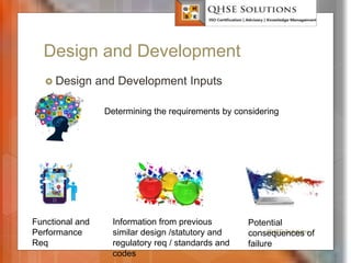 Design and Development
 Design and Development Inputs
QHSE Solutions
Determining the requirements by considering
Functional and
Performance
Req
Information from previous
similar design /statutory and
regulatory req / standards and
codes
Potential
consequences of
failure
 