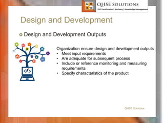 Design and Development
 Design and Development Outputs
QHSE Solutions
Organization ensure design and development outputs
• Meet input requirements
• Are adequate for subsequent process
• Include or reference monitoring and measuring
requirements
• Specify characteristics of the product
 