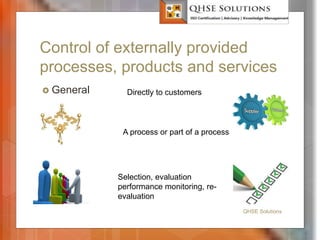 Control of externally provided
processes, products and services
 General
QHSE Solutions
Directly to customers
Selection, evaluation
performance monitoring, re-
evaluation
A process or part of a process
 