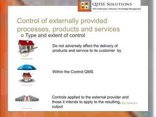 Control of externally provided
processes, products and services
 Type and extent of control
QHSE Solutions
Do not adversely affect the delivery of
products and service to its customer by
Within the Control QMS
Controls applied to the external provider and
those it intends to apply to the resulting
output
 