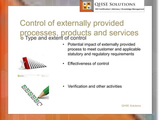 Control of externally provided
processes, products and services
 Type and extent of control
QHSE Solutions
• Potential impact of externally provided
process to meet customer and applicable
statutory and regulatory requirements
• Effectiveness of control
• Verification and other activities
 