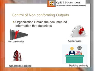 Control of Non conforming Outputs
 Organization Retain the documented
Information that describes
QHSE Solutions
Non conformity Action Taken
Concession obtained Deciding authority
 
