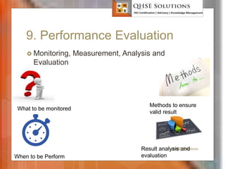 9. Performance Evaluation
 Monitoring, Measurement, Analysis and
Evaluation
QHSE Solutions
Methods to ensure
valid result
What to be monitored
When to be Perform
Result analysis and
evaluation
 