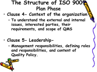 The Structure of ISO 9001
Plan Phase
• Clause 4- Context of the organization
– To understand the external and internal
issues, interested parties, their
requirements, and scope of QMS
• Clause 5- Leadership-
– Management responsibilities, defining roles
and responsibilities, and content of
Quality Policy.
 