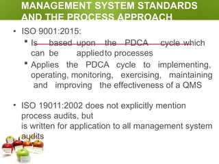 MANAGEMENT SYSTEM STANDARDS
AND THE PROCESS APPROACH
• ISO 9001:2015:
 Is based upon the PDCA cycle which
can be appliedto processes
 Applies the PDCA cycle to implementing,
operating, monitoring, exercising, maintaining
and improving the effectiveness of a QMS
• ISO 19011:2002 does not explicitly mention
process audits, but
is written for application to all management system
audits
 